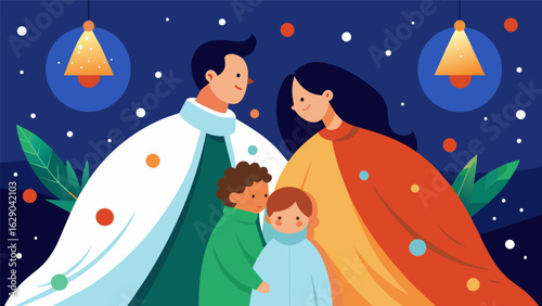 A family huddled together under a fuzzy blanket admiring the beauty of their outdoor Christmas decorations..