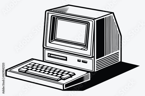 Retro computer with keyboard and monitor casting a shadow in black and white technology vintage