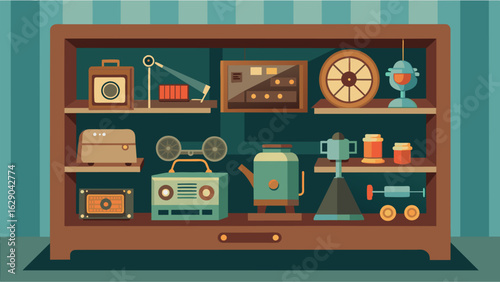 A display case featured rare and valuable vintage equipment showcasing the shops expertise in restoring and preserving these treasures. Vector illustration