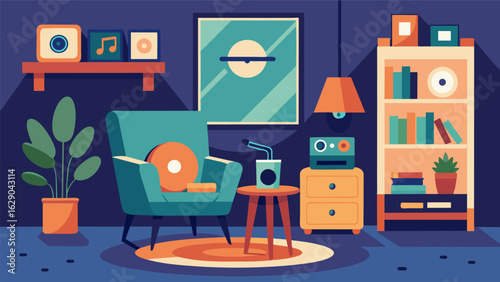 A cozy corner of the house transformed into a music lovers paradise complete with a cozy armchair and a record player perched on a vintage side table. Vector illustration