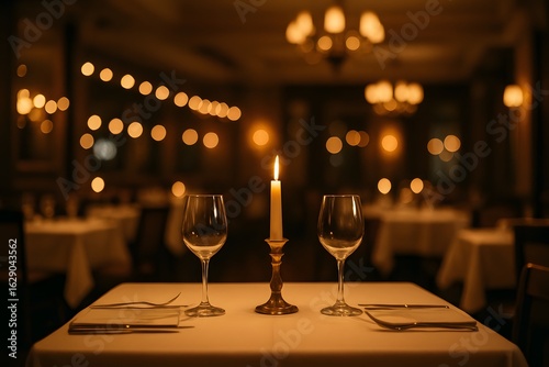 Elegant candlelit table set for two in a romantic fine dining restaurant with soft ambient lighting, sparkling chandeliers, and warm atmosphere, perfect for special evenings.

