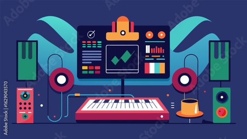 A live sound production exhibit where visitors can witness the process of recording mixing and mastering a song in real time. Vector illustration