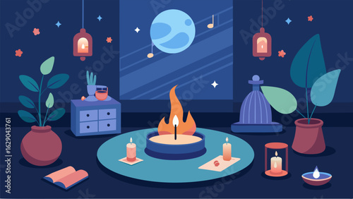 A cozy corner of the studio adorned with flickering candles and playing tranquil tunes perfect for those who crave a bit of tranquility before or. Vector illustration