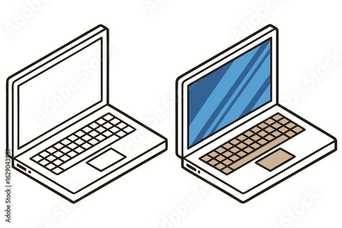 Two isometric laptops one open and one closed with blue screen and beige keyboard computer