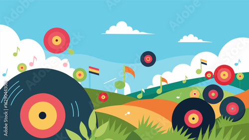 A peaceful meadow where the grass is made of vibrant vinyl records and a gentle breeze carries the music of the land on its wings. Vector illustration
