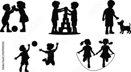  Silhouette kids playing, jumping, skipping rope, building blocks, throwing ball, petting dog, flat vector.eps