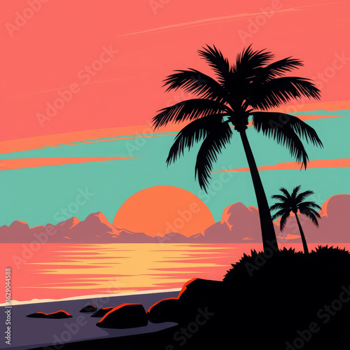 A Silhouette of Palm Trees Against a Bold Sunset on the Seashore