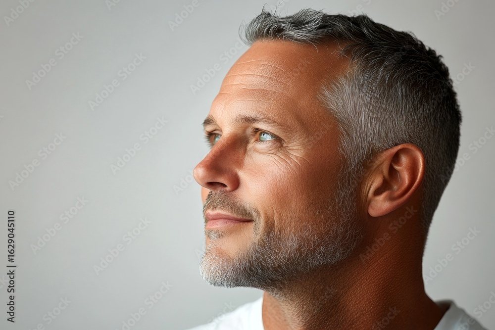 Fototapeta premium Chic men's undercut haircut - midlife white man with hair. Pure white solid background. Concept art of style for aging men. A radiant and poised man in a professional portrait.