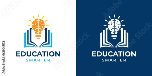Book Logo Vector with Brain Icon Symbol Design Template. Smart Education Logo Design Vector. Logo Design Vector Template of Book, Education, Brain, Lamp, School, Creative. 1.eps