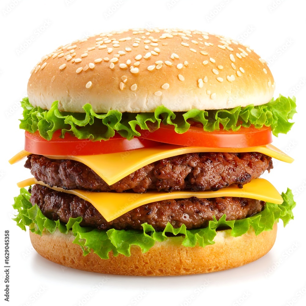 Juicy double cheeseburger with lettuce and tomato on a sesame seed bun (1) Juicy double cheeseburger with lettuce and tomato on a sesame seed bun (1)