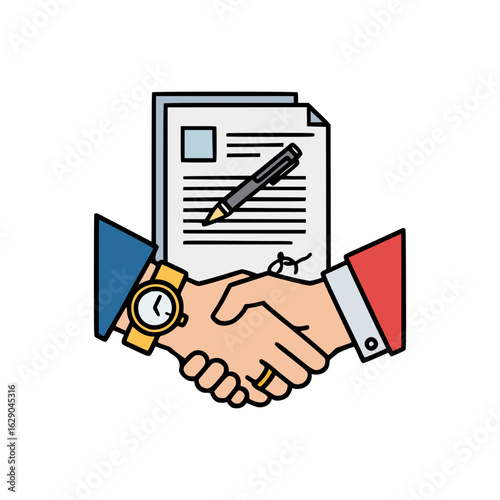 Two hands shaking over legal paperwork, representing successful negotiation, commitment, and professional cooperation