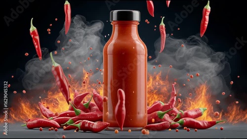 Fiery Hot Sauce Bottle with Exploding Chili Peppers and Flames