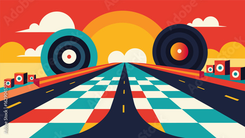 A brightly painted race track is lined with giant replicas of classic records creating a whimsical atmosphere for the event. Vector illustration