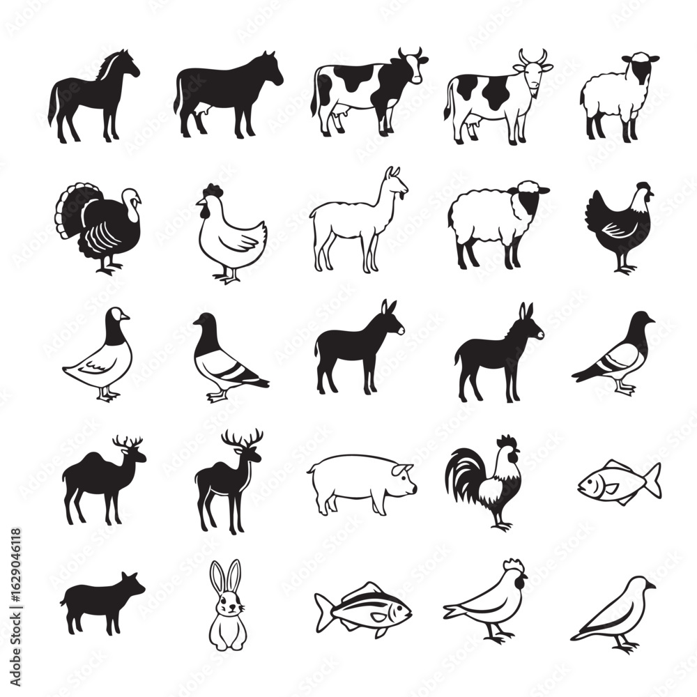 Fototapeta premium Collection of Farm and Wild Animals Silhouettes Black and White Illustration Depicting Various Species for Educational and Design Purposes