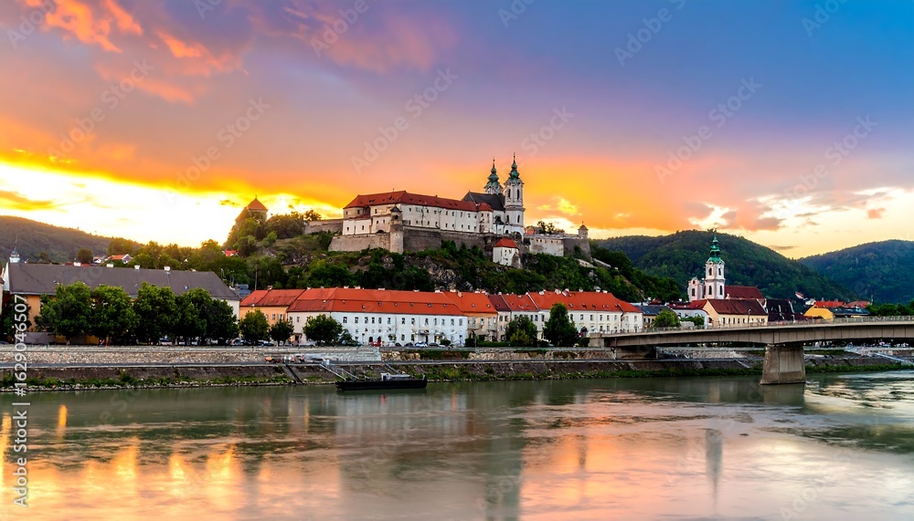 Obraz premium Sunset Glow Over Fortress and River, Capturing Scenic Beauty and Tranquility