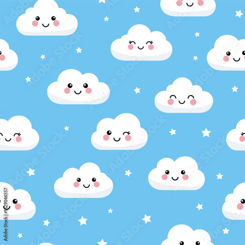 Cute Seamless Pattern of Smiling Cartoon Clouds and Stars on a Blue Sky Background - Kawaii Vector Design for Kids' Nursery and Baby Wallpaper.