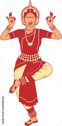 Vector illustration of a graceful Indian woman performing a classical dance, adorned in traditional costume and jewelry, expressing culture through mudra hand gestures
