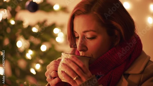 Woman enjoying a warm drink by a Christmas tree