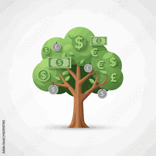 Cartoon tree with currency symbols growing on it against a white background.