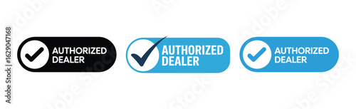 Authorized Dealer Buttons Set - Black and Blue Vector Icons with Checkmark Symbols for Official, Certified, and Trusted Partnership and Reseller Concepts.