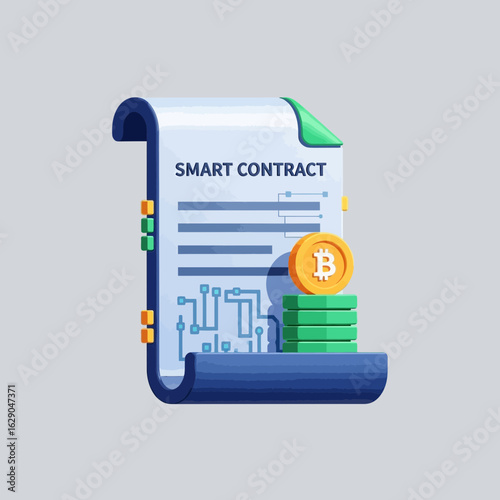 Smart contract document with money stacks on a light gray background.
