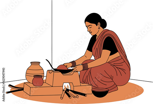 Traditional Indian woman in a saree cooking a meal on a rustic clay chulha stove, vector illustration.