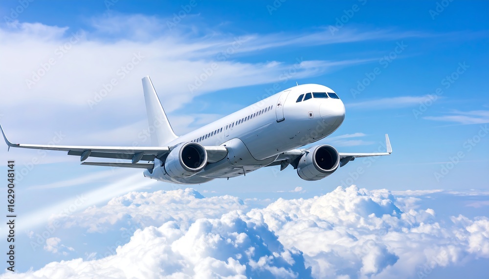 Obraz premium A white passenger jet in flight above a fluffy cloud layer against a vivid blue sky