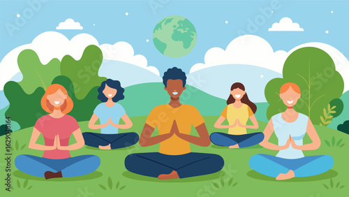 A gathering of friends practicing yoga in a grassy field breathing in the fresh air and feeling grounded and connected to the earth..