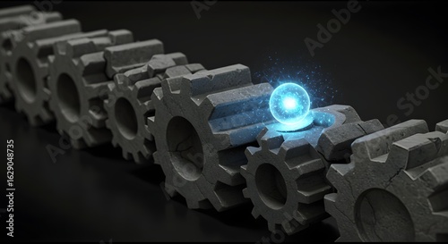 A glowing catalyst sphere activates a massive gear system, a powerful metaphor for the spark of innovation, system-wide change, and efficiency.