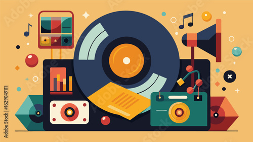 A nostalgic mix of old and new songs on a vinyl record carefully curated by a music lover to transport listeners to a different era and evoke feelings Vector illustration