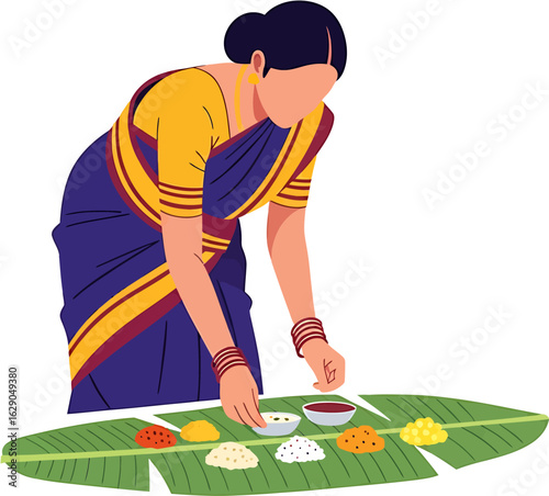 An Indian woman in a traditional saree gracefully serving a festive South Indian meal on a banana leaf.