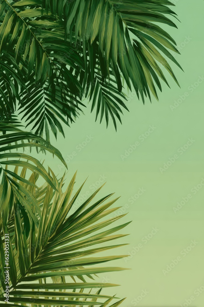 Fototapeta premium Tropical palm leaves frame a soft green background