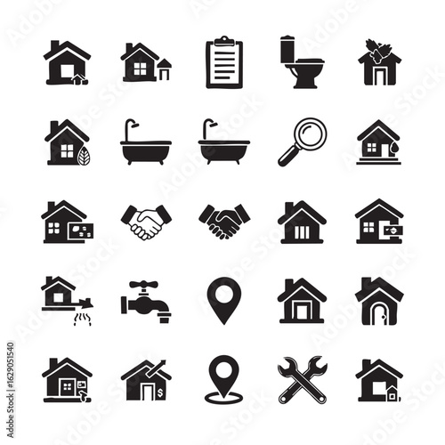 Real Estate and Home Services Icon Set Black and White Vector Illustration Pack for Property Management