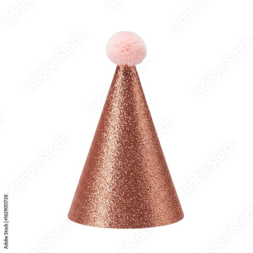 Rose gold glitter party hat with pink pompom isolated on transparent background