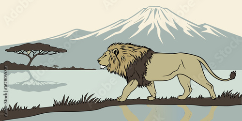 Vector illustration of lion mirrored in water with Mount Kilimanjaro in the seaside background.
