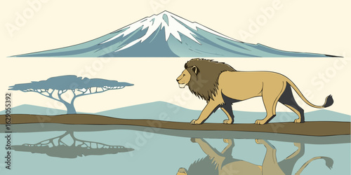 Vector illustration of lion mirrored in water with Mount Kilimanjaro in the seaside background.