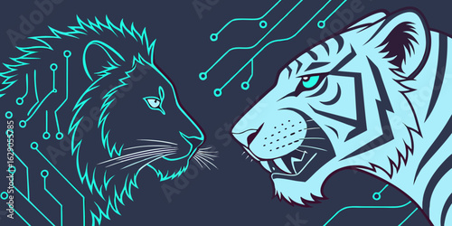  Vector illustration of futuristic lion and tiger heads fused with circuit patterns, symbolising a high-tech power clash.