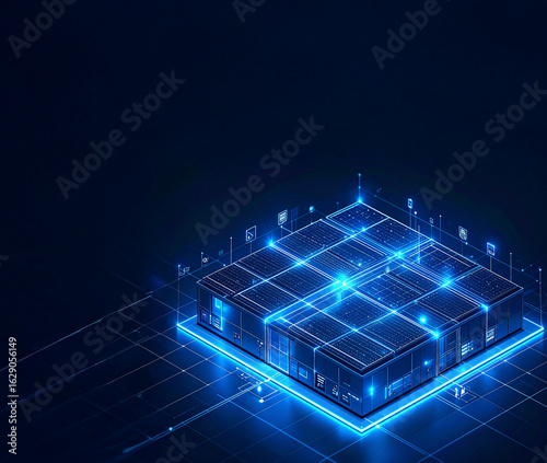 Conceptual 3D rendering of a glowing blue data center building connected by a network of lines and symbols. This futuristic image symbolizes cloud computing, big data, and IT infrastructure.