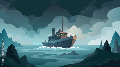 A boat navigates through a dense fog at sea the crew anxiously scanning the mist for any signs of danger their fear palpable in the tense silence..