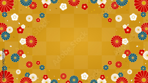 金色の市松模様の背景に和風の花々を散りばめたフレーム素材（横向き16:9）