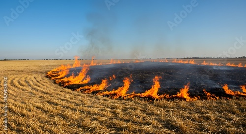 Wide shot of a controlled burn in a harvested wheat field under a clear blue sky, showing intense orange flames against golden stubble, a rural landscape scene.