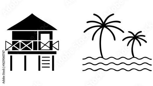 Illustration of a beach hut on stilts and palm trees by the sea with waves in black and white style