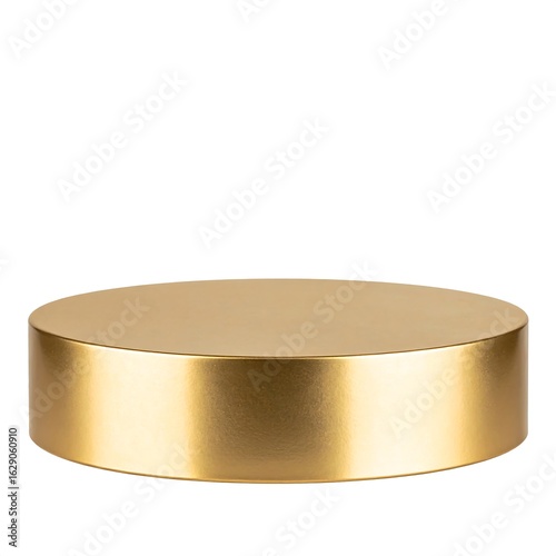 Low, circular, gold-toned pedestal; smooth, brushed metallic finish