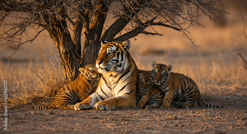 Serene tiger mother with cubs resting beneath the shade of a weathered tree at sunset
