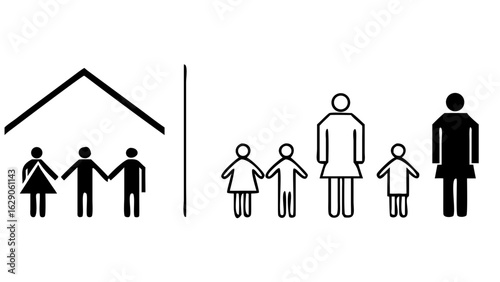 Illustration depicting two families one under a roof and one standing side by side in black and white color