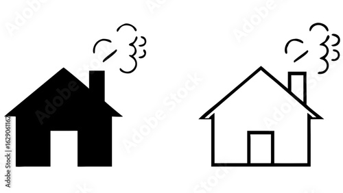 Illustration showing two houses one solid black and one outlined with smoke coming from the chimney tops