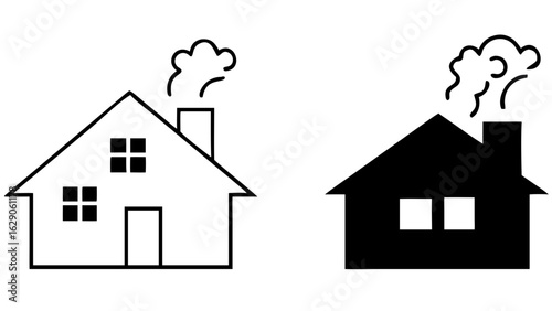 Illustration of two houses, one in outline and one in silhouette, with smoke coming from the chimney