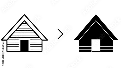Outline house transforming into solid black house with arrow in between on a white background scene image