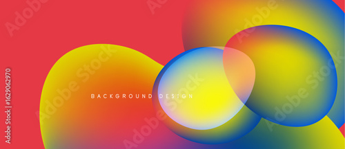 Abstract vibrant circles overlap, creating colorful gradients. Red background complements yellow, blue hues. Modern design element.
