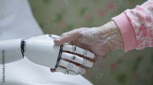 Robotic assistance for elderly residents gripping arm, soft contact pad, subtle hydraulic movement, gentle support